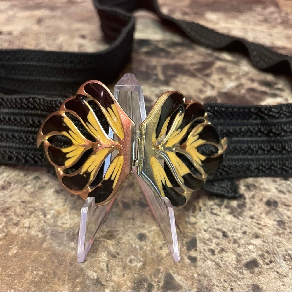 Vintage 80’s Elastic Black Belt with Metal Feather Flames Clasp  UNIQUE